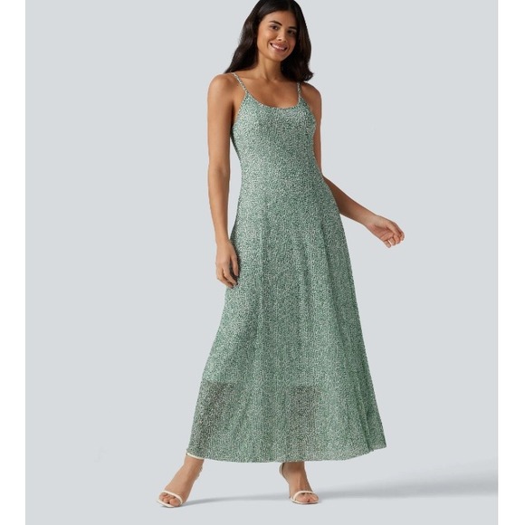 HALARA Dresses & Skirts - Halara Breezeful Green Polka Dot Maxi Dress Mesh Spaghetti Strap Womens Large